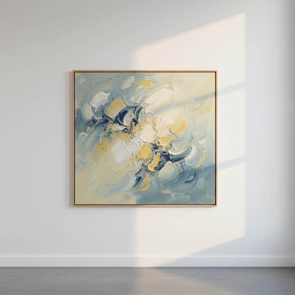 Un cadre éthéré au monocobre sur une paroi blanche avec un dessin nouveau de fleur fragileßen in a soft nautical blue, bei...