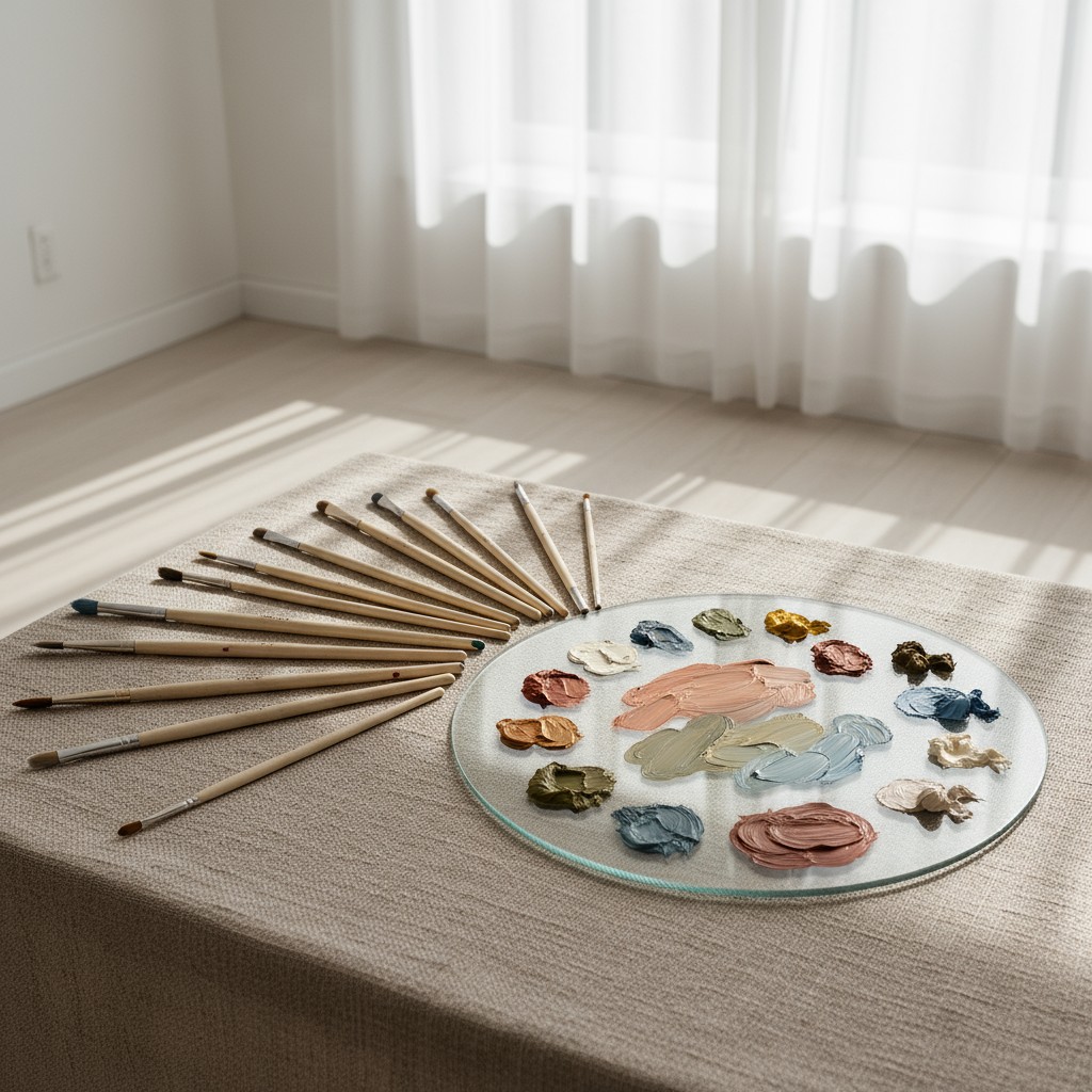 This image depicts a glass palette on a table, surrounded by paintbrushes, showcasing an empty room with a light beige-col...