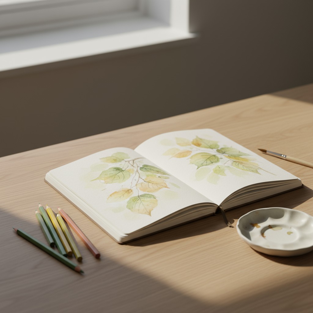 Je dessine des feuilles dans mon cahier d'art laissant passer le soleil à travers la fenêtre.